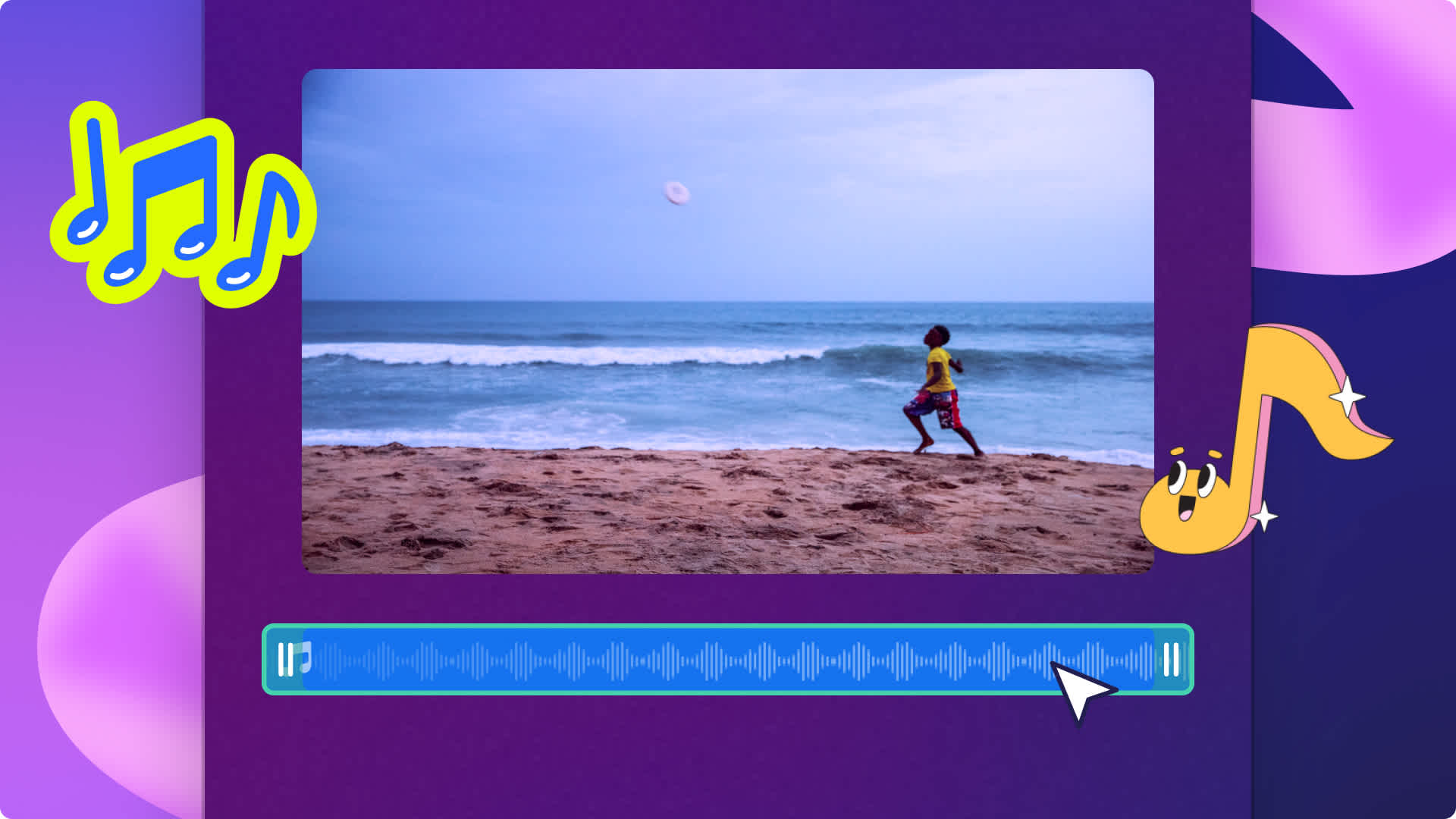 An abstract image of adding a music clip to a video of a child running on the beach