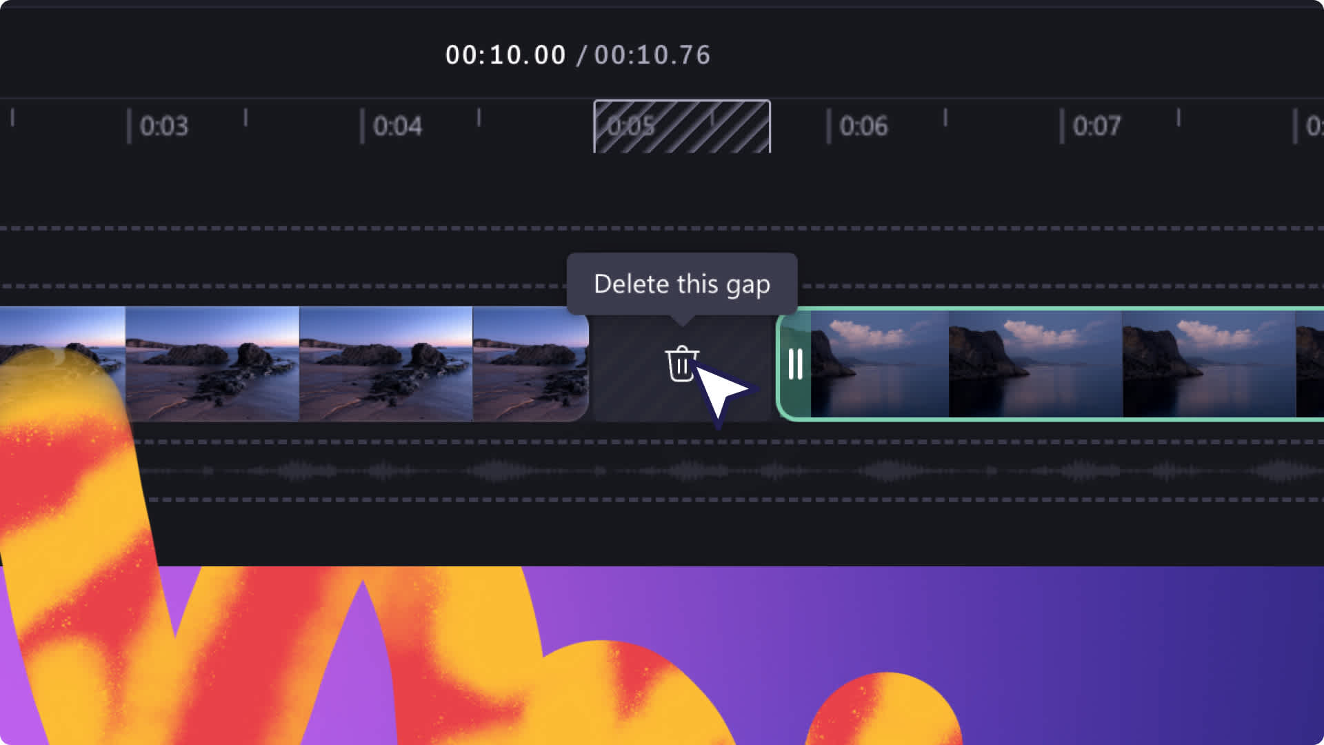 A cursor hovers over the gap removal icon, on the timeline, in the Clipchamp video editor.