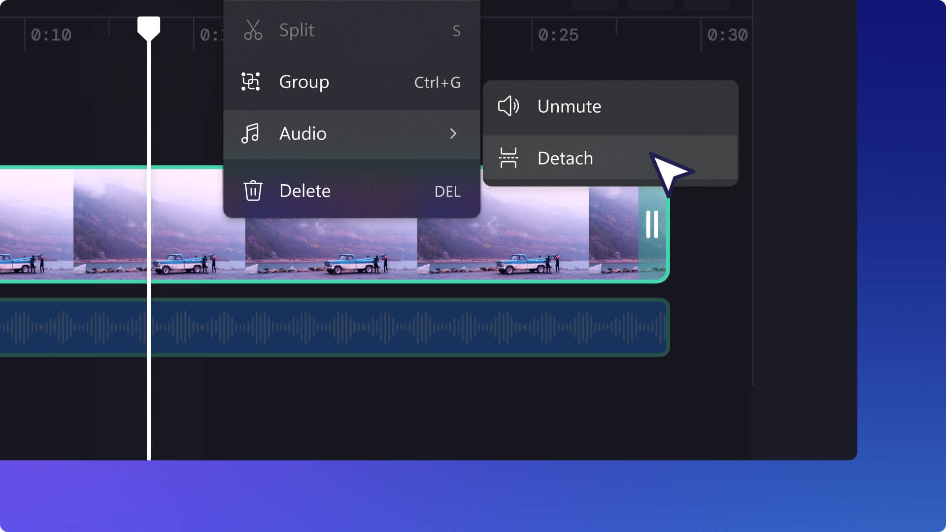 An image of the audio shortcuts in Clipchamp video editor