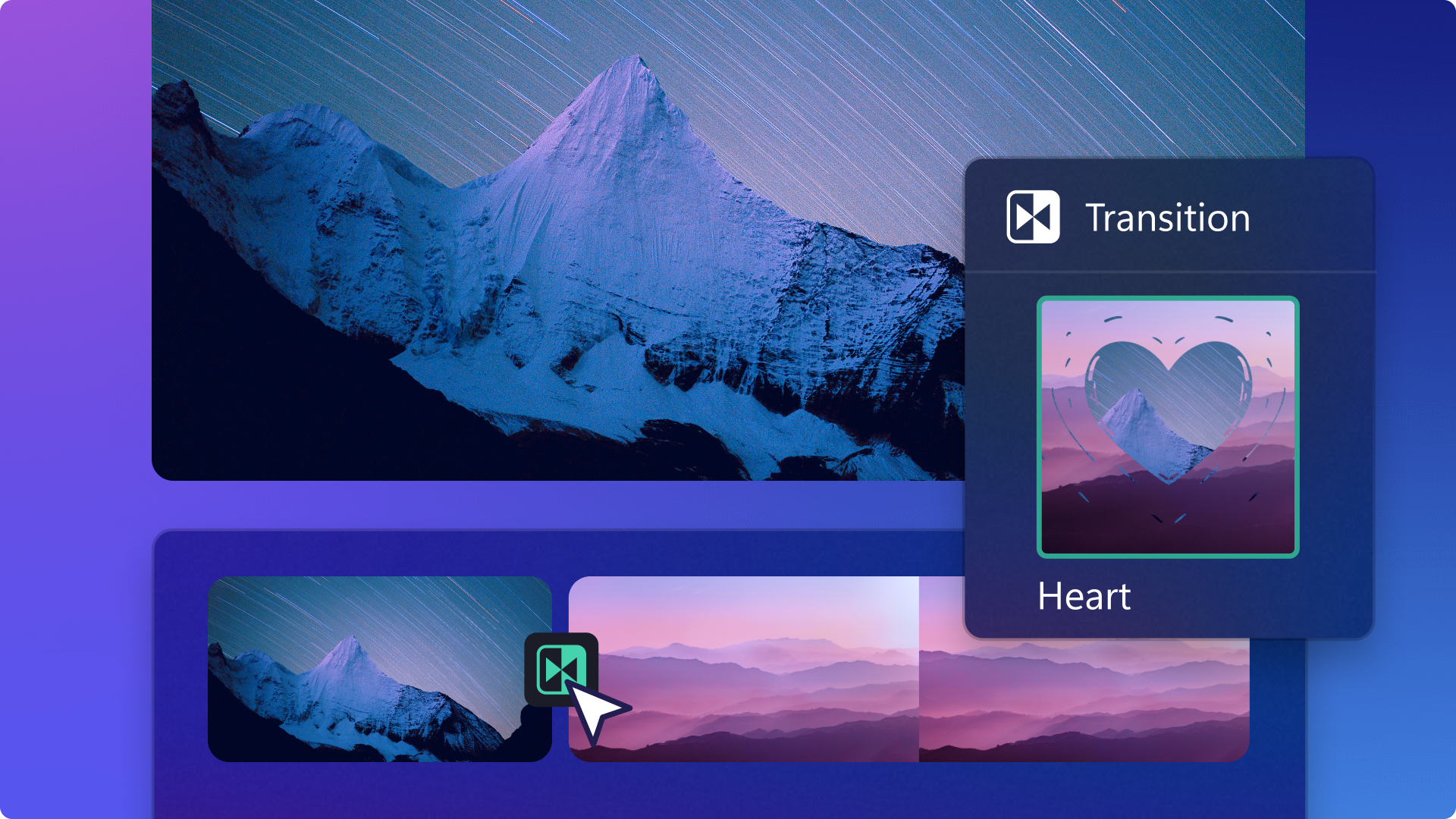 Abstract image of Heart transition being added to videos in Clipchamp