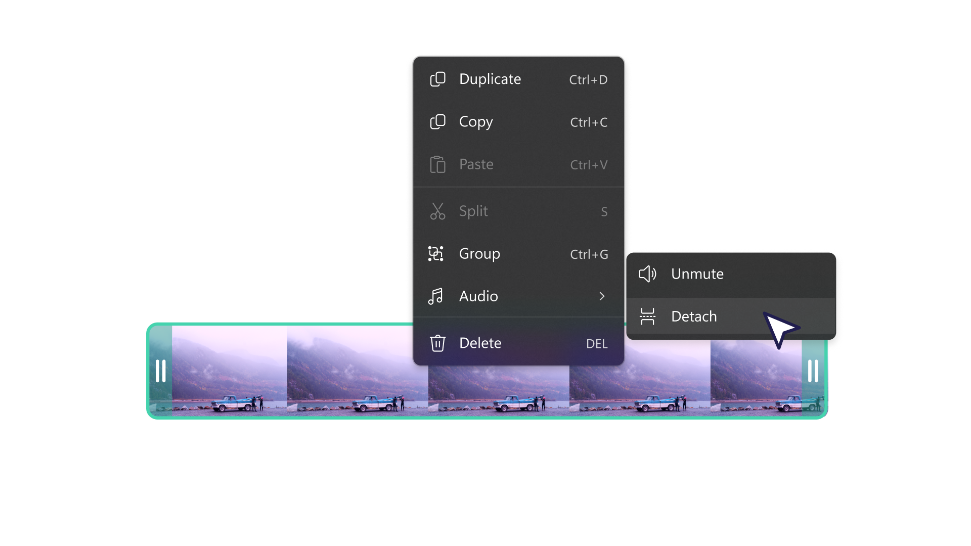 An image of selecting media and revealing the shortcuts to mute and detach audio